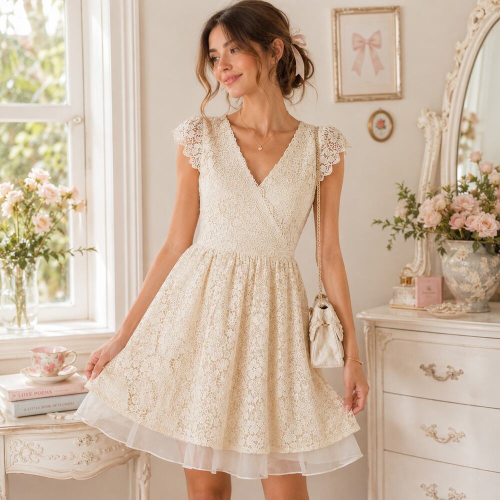 Lily Brown Lace Fit Flare Dress Sz 0 Coquette Floral Crochet Romance Tulle Fairy